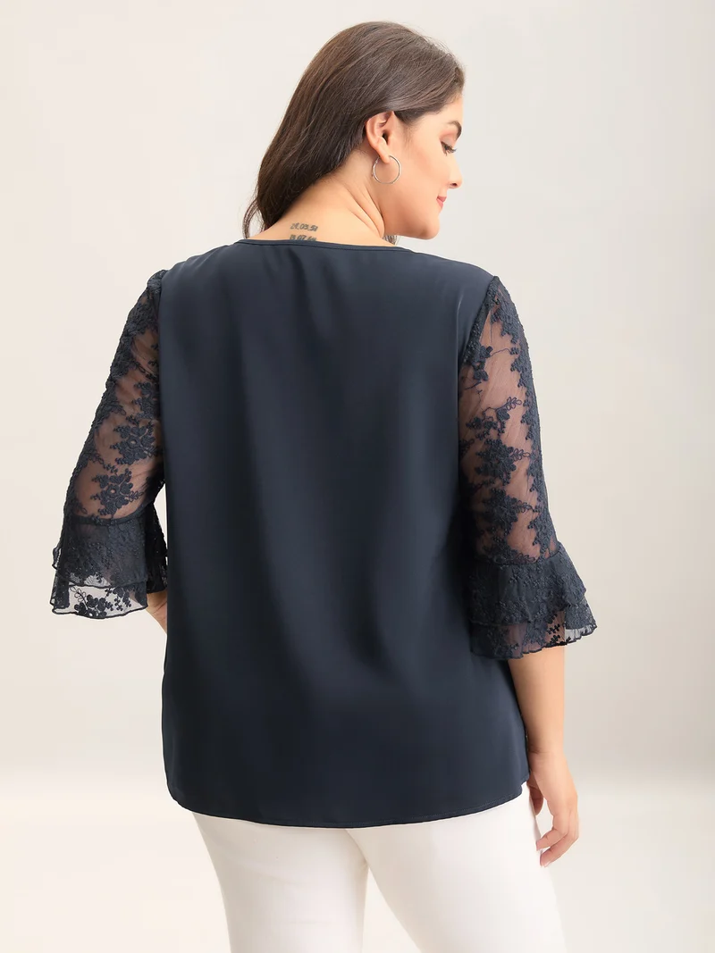 Sheer Textured Sleeve V-Neck Blouse