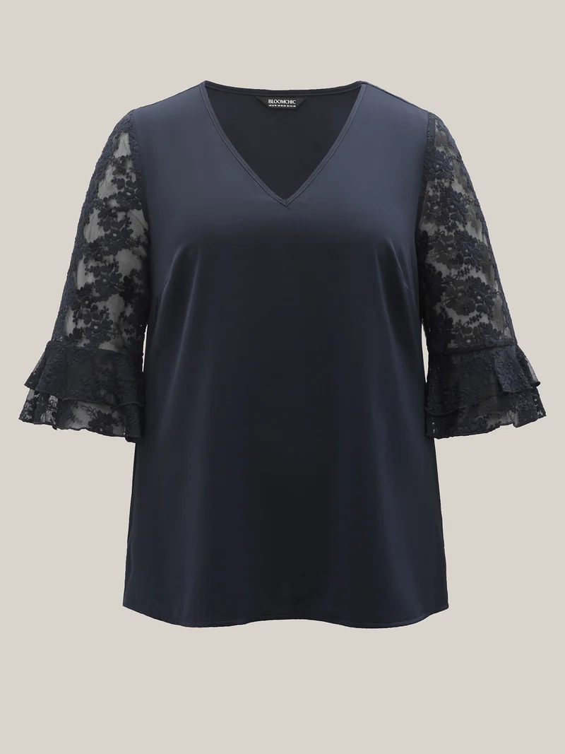 Sheer Textured Sleeve V-Neck Blouse