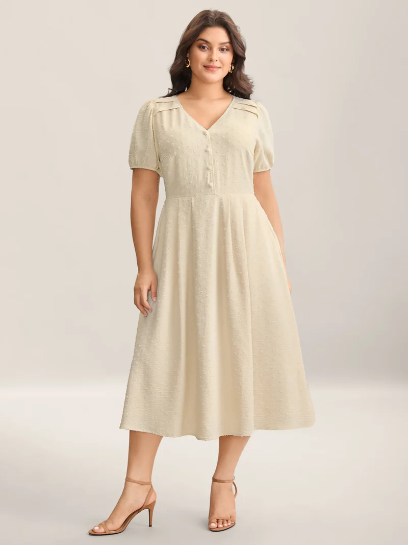 Shoulder Pleats Textured Button Maxi Dress