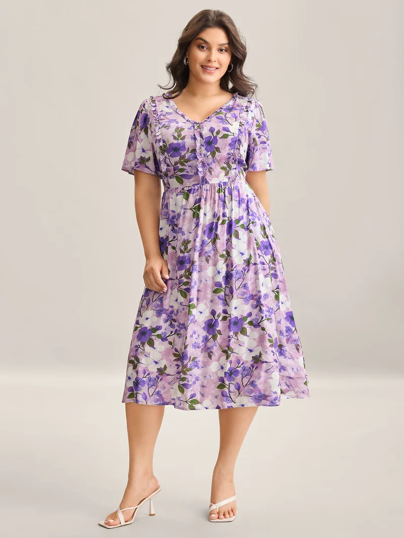 Floral Print Ruffled Neck Pockets Midi Dress
