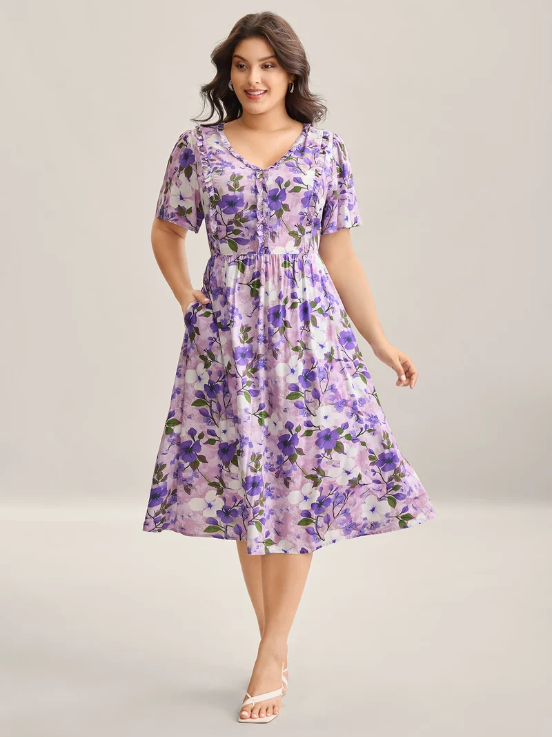 Floral Print Ruffled Neck Pockets Midi Dress