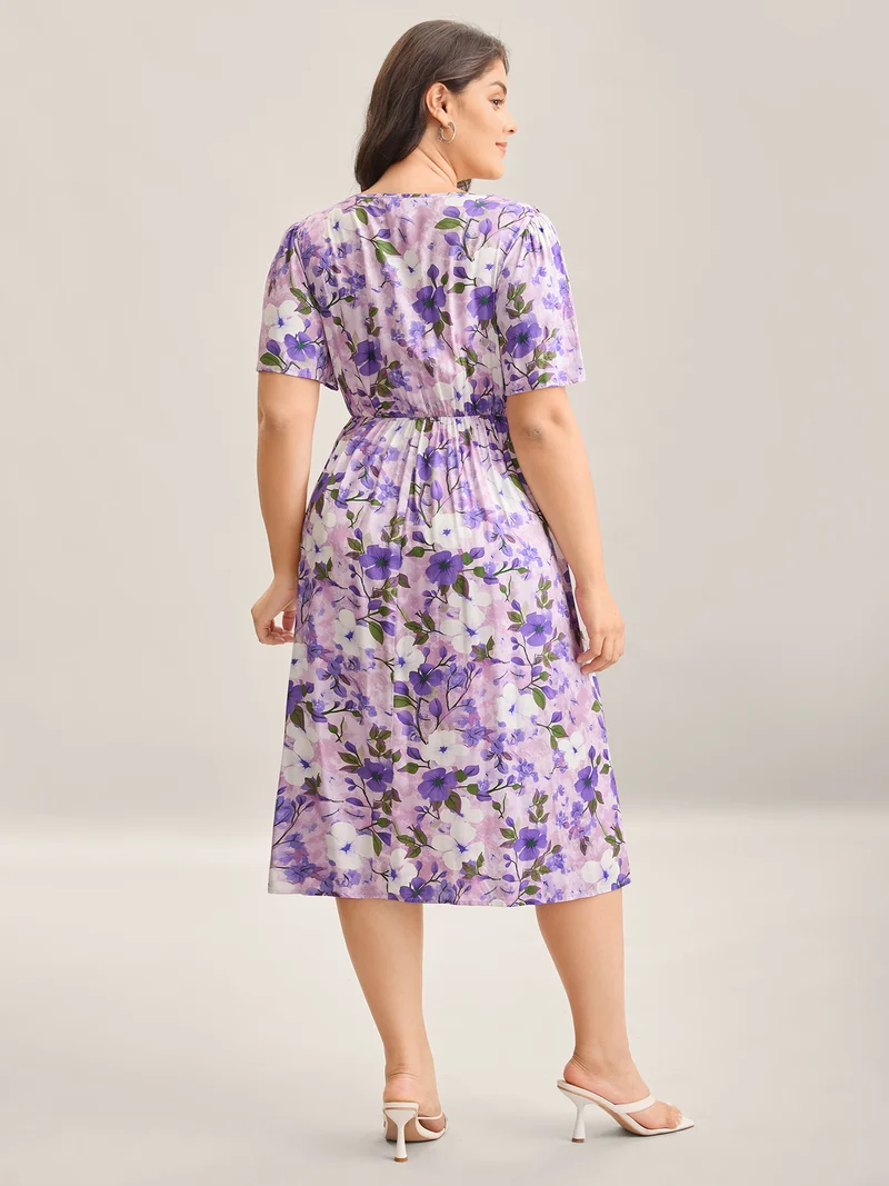Floral Print Ruffled Neck Pockets Midi Dress