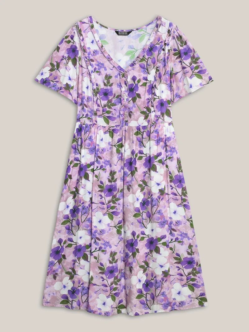 Floral Print Ruffled Neck Pockets Midi Dress