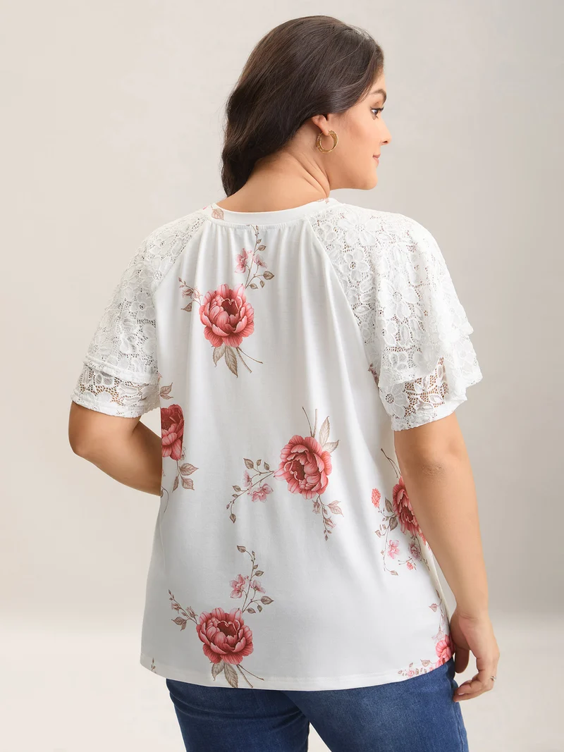 Lace Sleeve Layered Floral T-Shirt