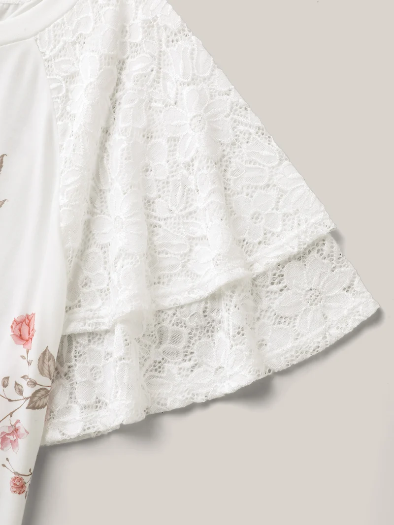 Lace Sleeve Layered Floral T-Shirt