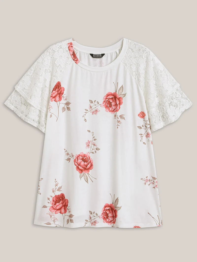 Lace Sleeve Layered Floral T-Shirt