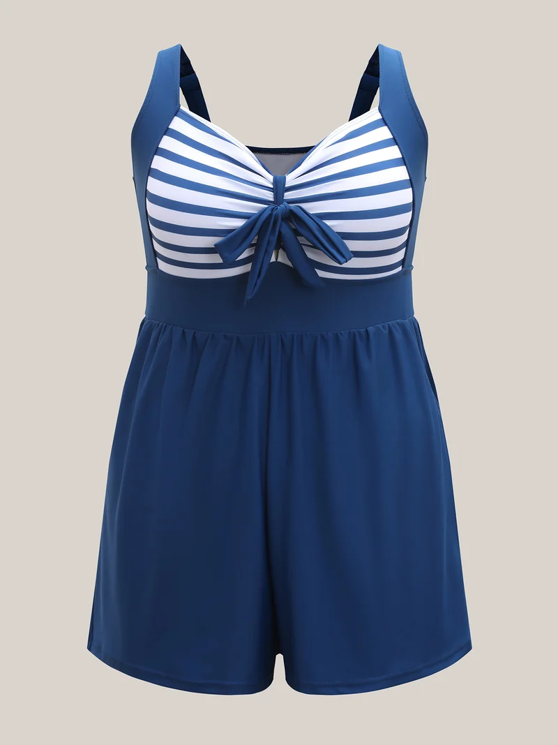 Striped Spliced Knotted One-Piece Swimsuit