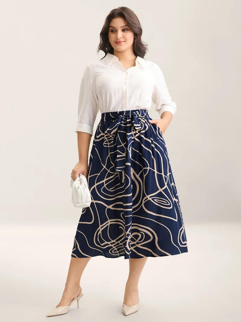 Abstract Print Waist-Tie Midi Skirt