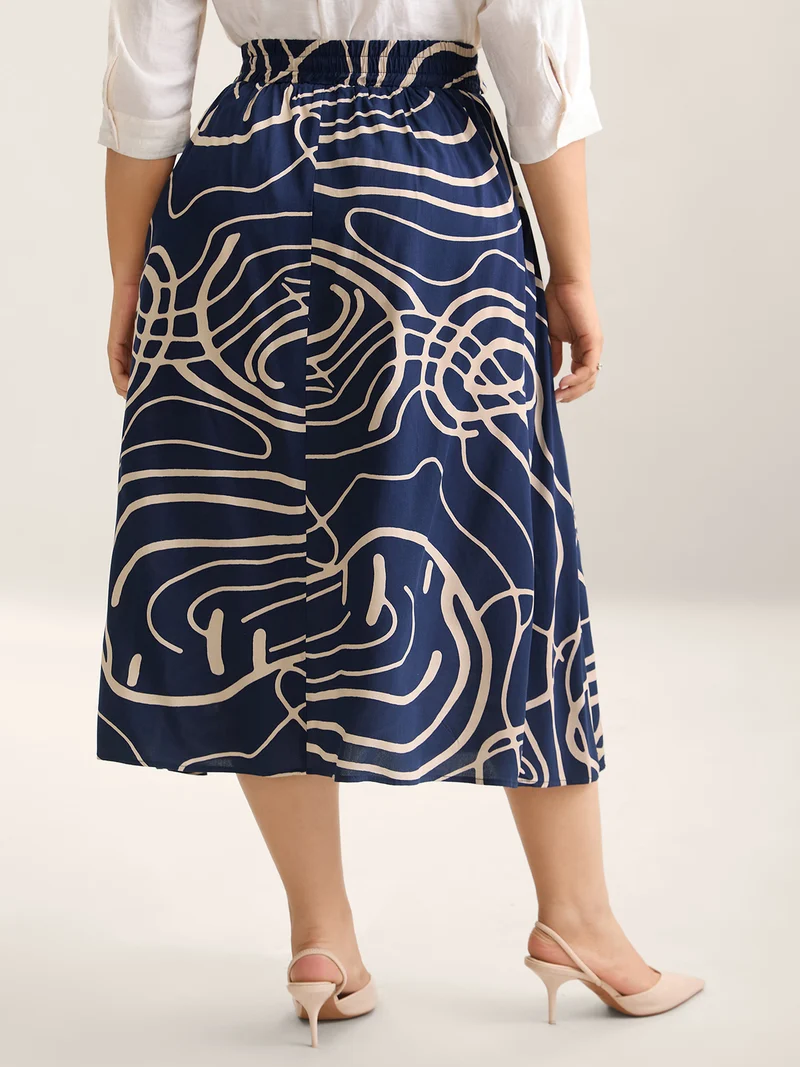 Abstract Print Waist-Tie Midi Skirt