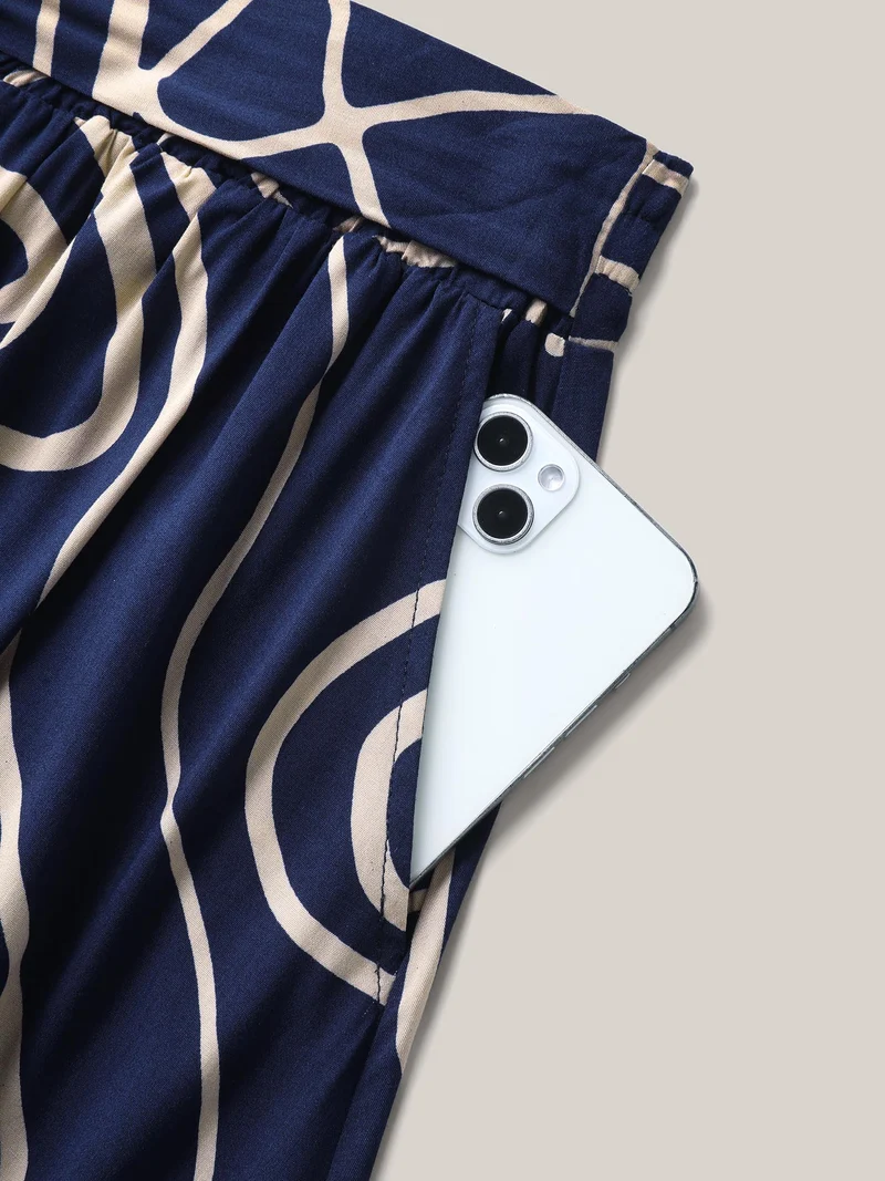 Abstract Print Waist-Tie Midi Skirt