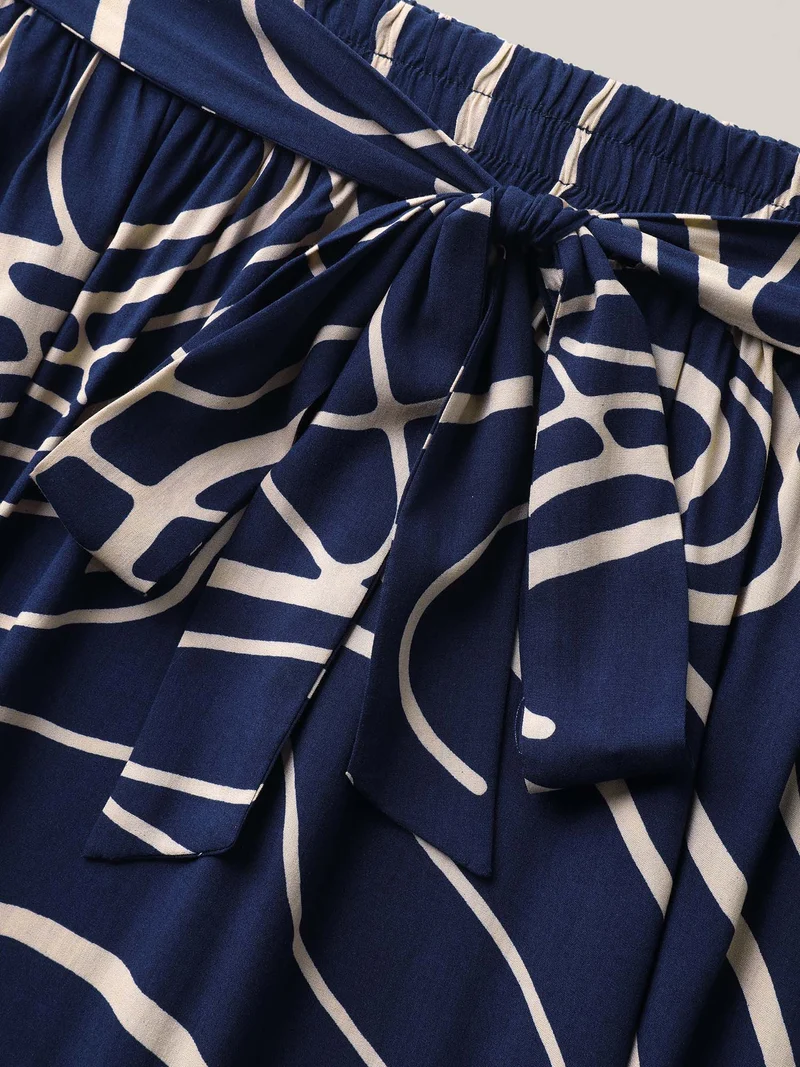 Abstract Print Waist-Tie Midi Skirt