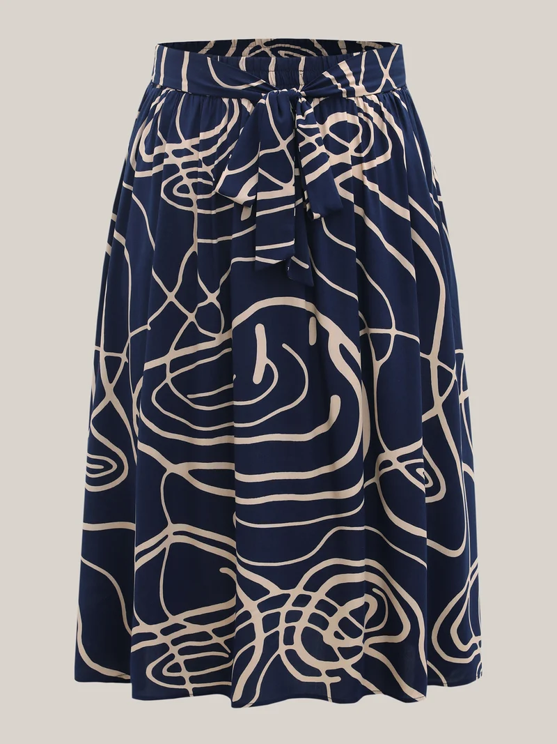 Abstract Print Waist-Tie Midi Skirt