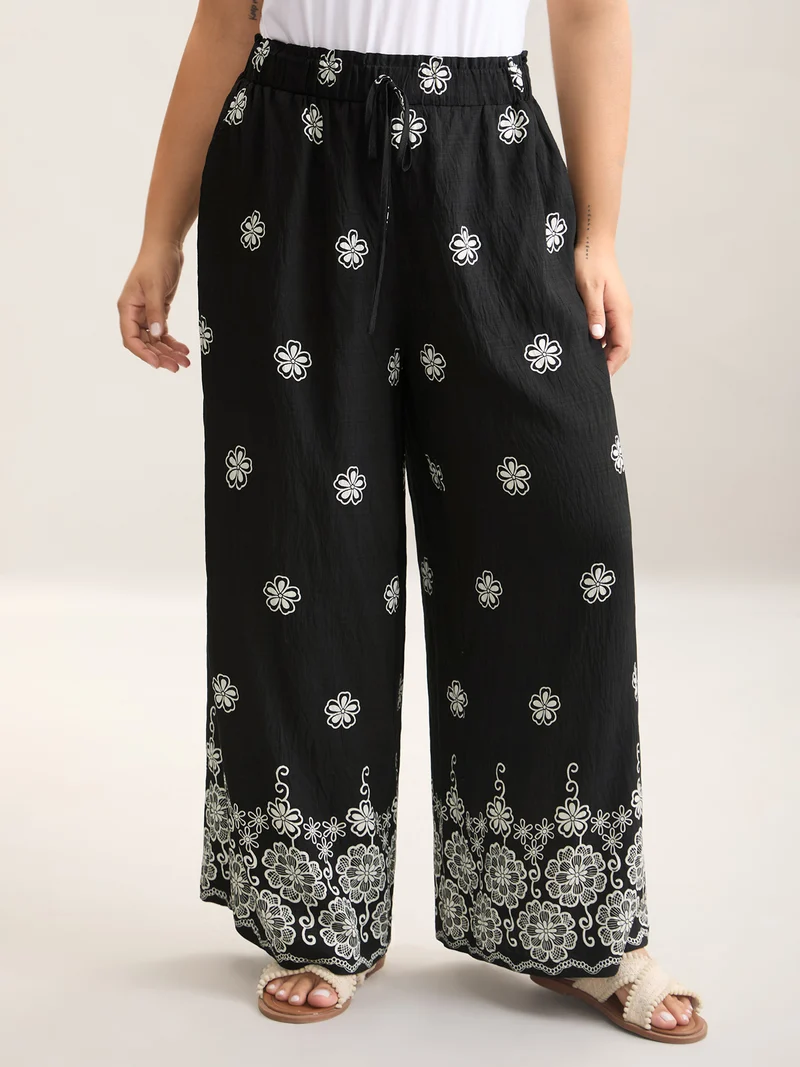 Boho Print Drawstring Wide-Leg Pants