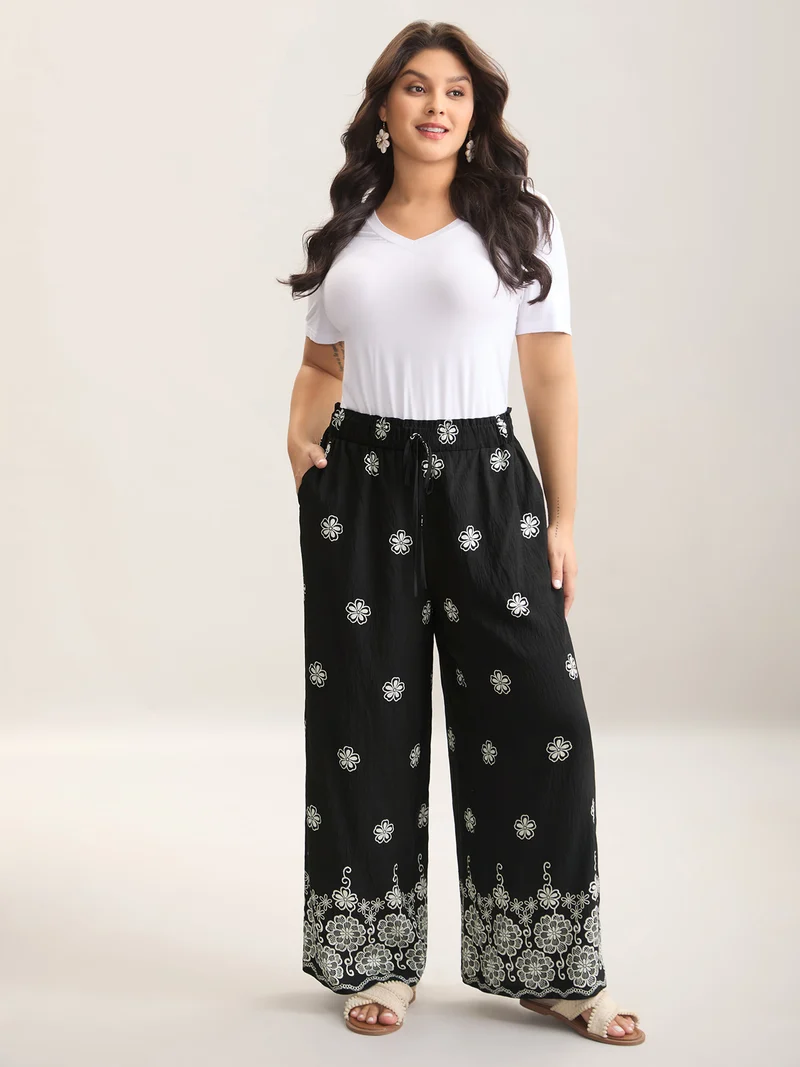 Boho Print Drawstring Wide-Leg Pants