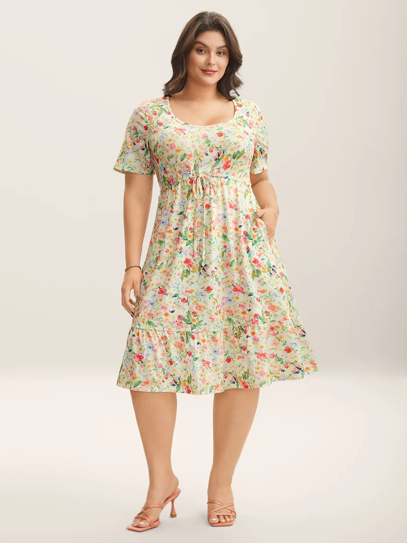 Ditsy Floral Print Waist Tie Midi Dress