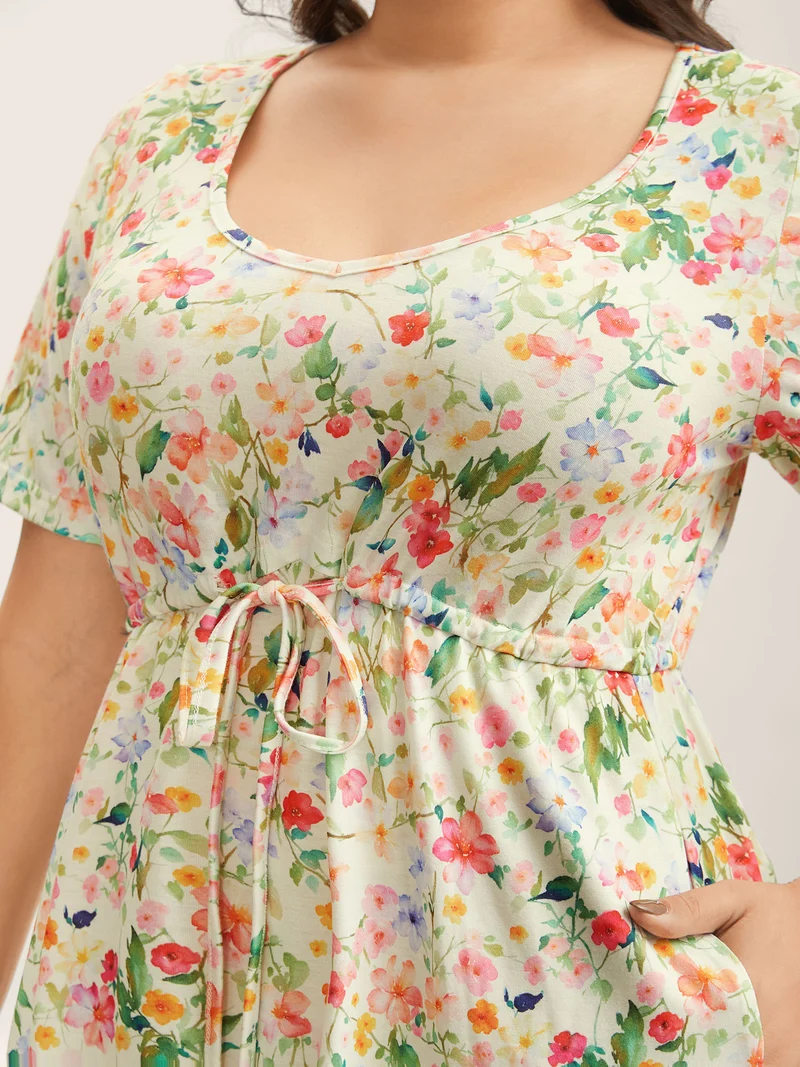 Ditsy Floral Print Waist Tie Midi Dress
