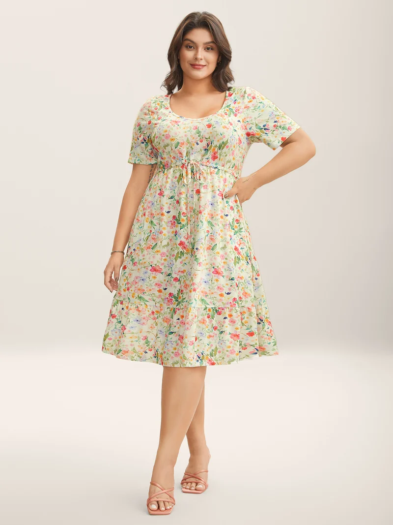 Ditsy Floral Print Waist Tie Midi Dress