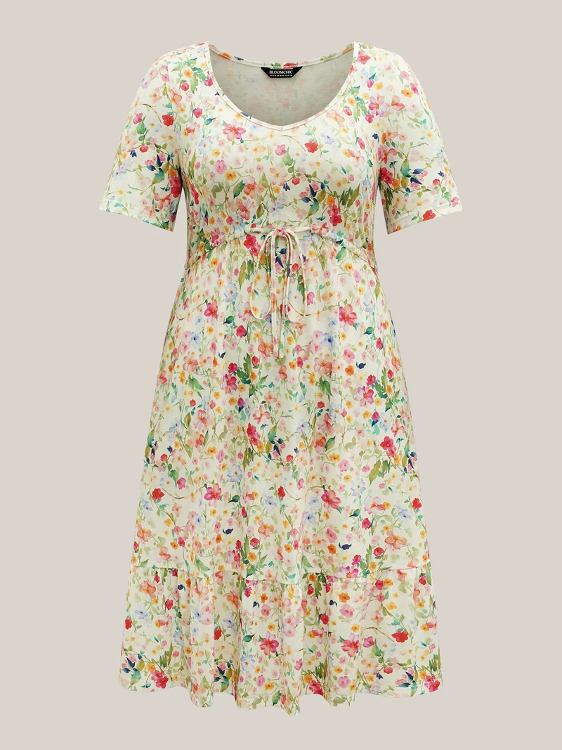 Ditsy Floral Print Waist Tie Midi Dress