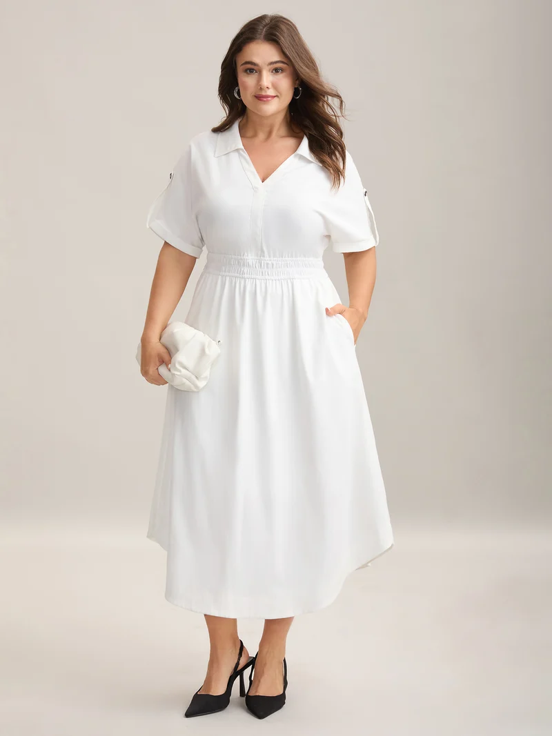 Woven Shirred Waist Solid Collar Midi Dress
