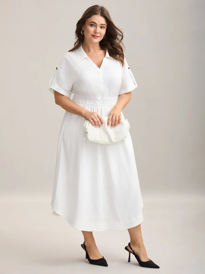 Woven Shirred Waist Solid Collar Midi Dress