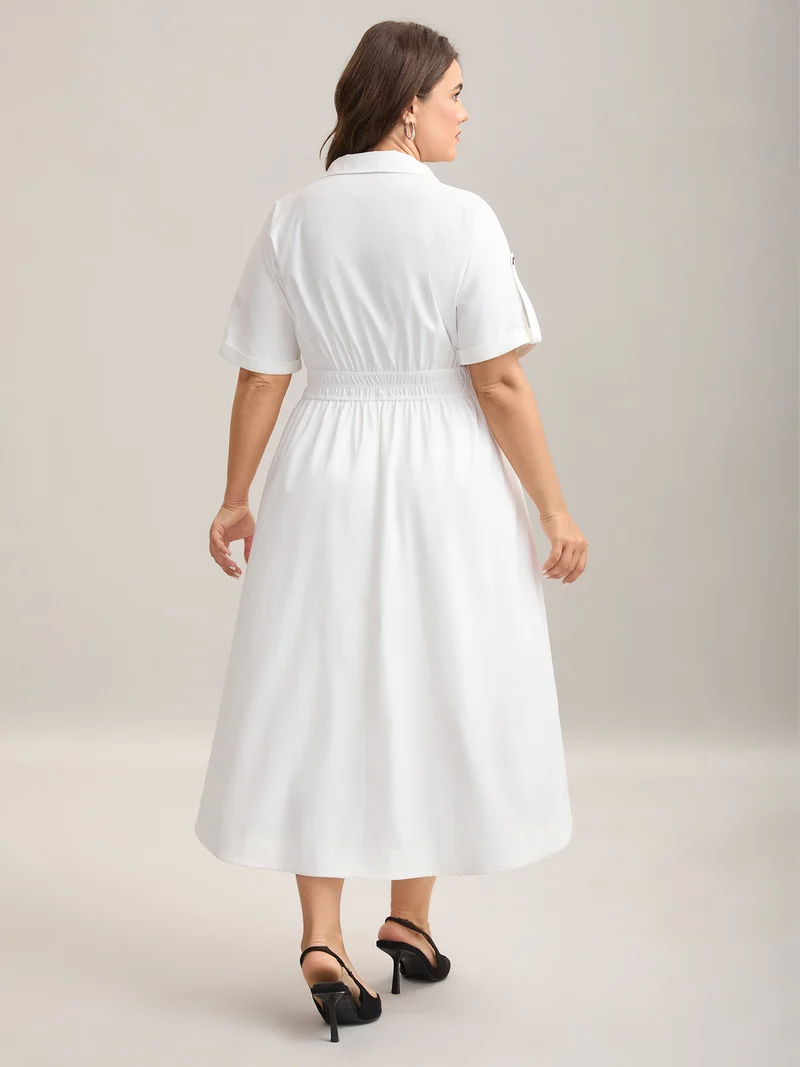 Woven Shirred Waist Solid Collar Midi Dress