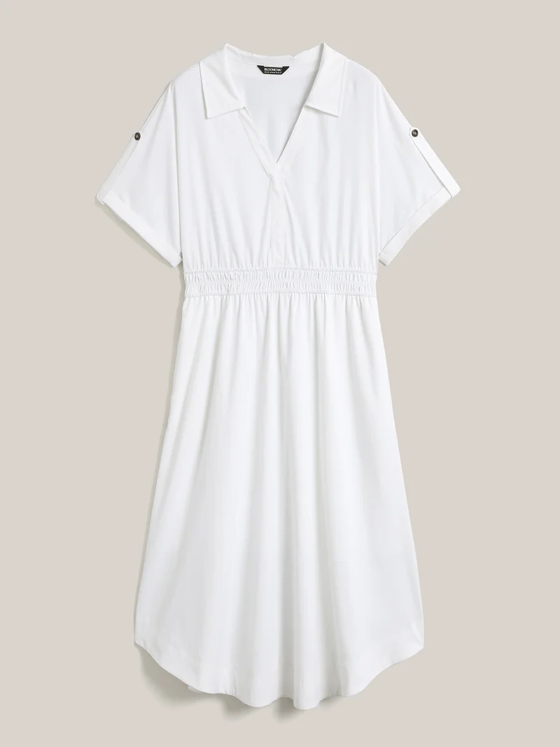 Woven Shirred Waist Solid Collar Midi Dress