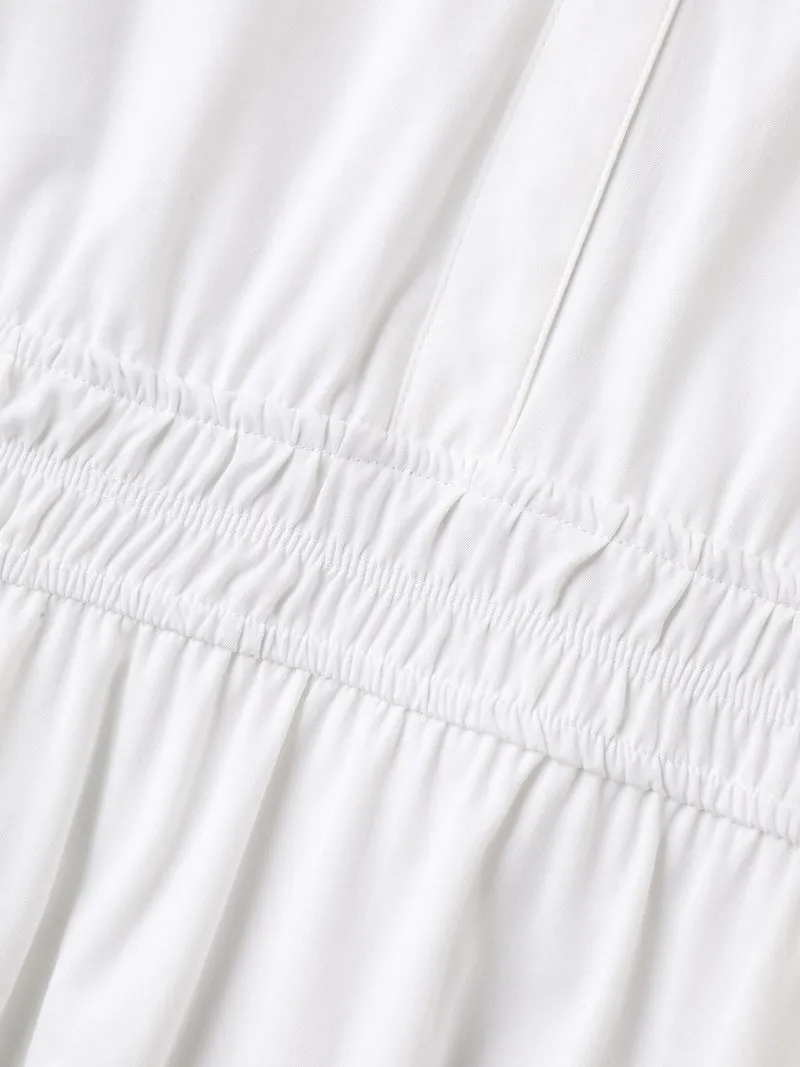 Woven Shirred Waist Solid Collar Midi Dress