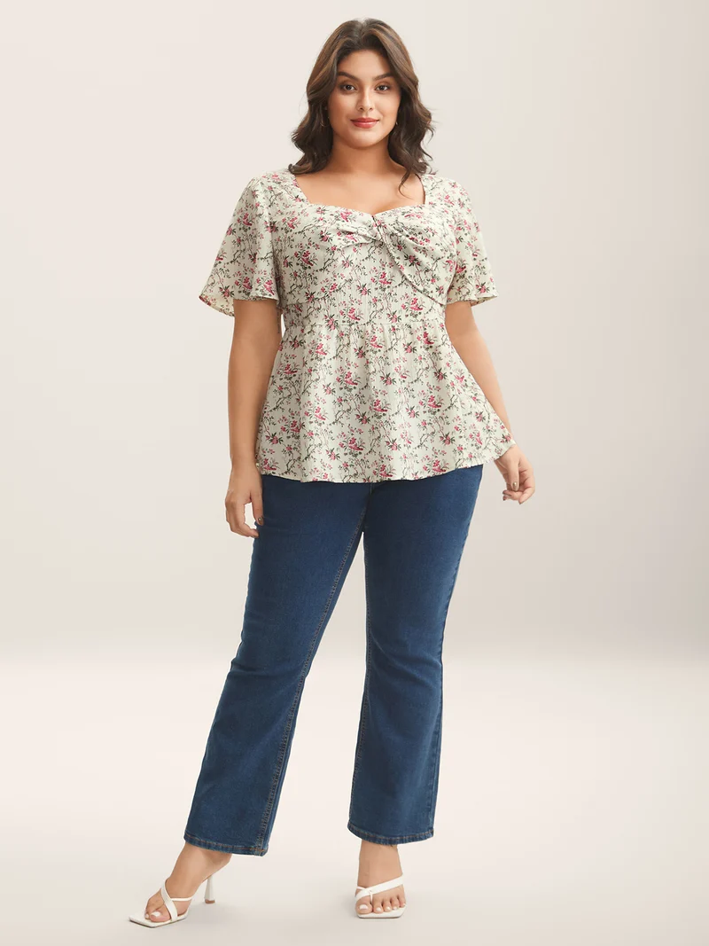 Knotted Floral Print Flared Sleeve Blouse