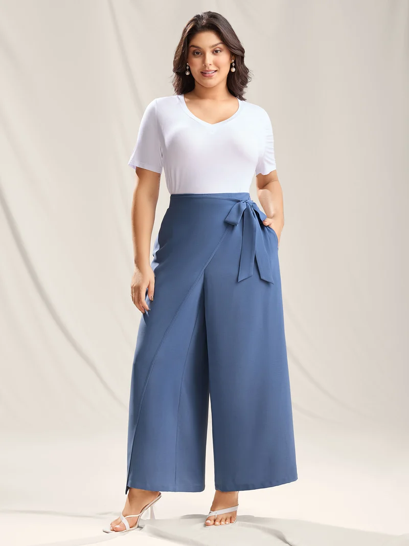 Belted Wrap Detail Wide-Leg Pants