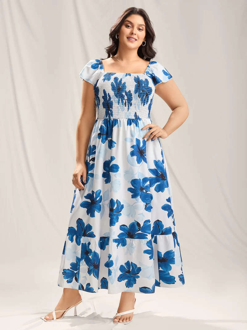 Floral Pattern Shirred Pockets Midi Dress
