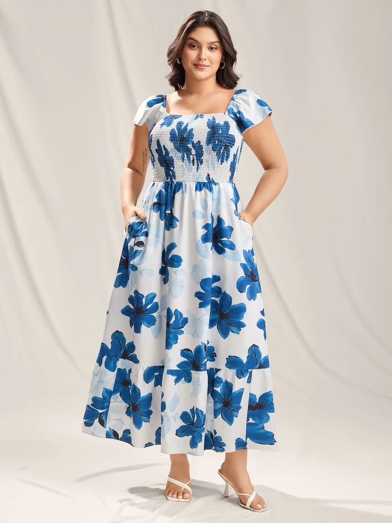 Floral Pattern Shirred Pockets Midi Dress