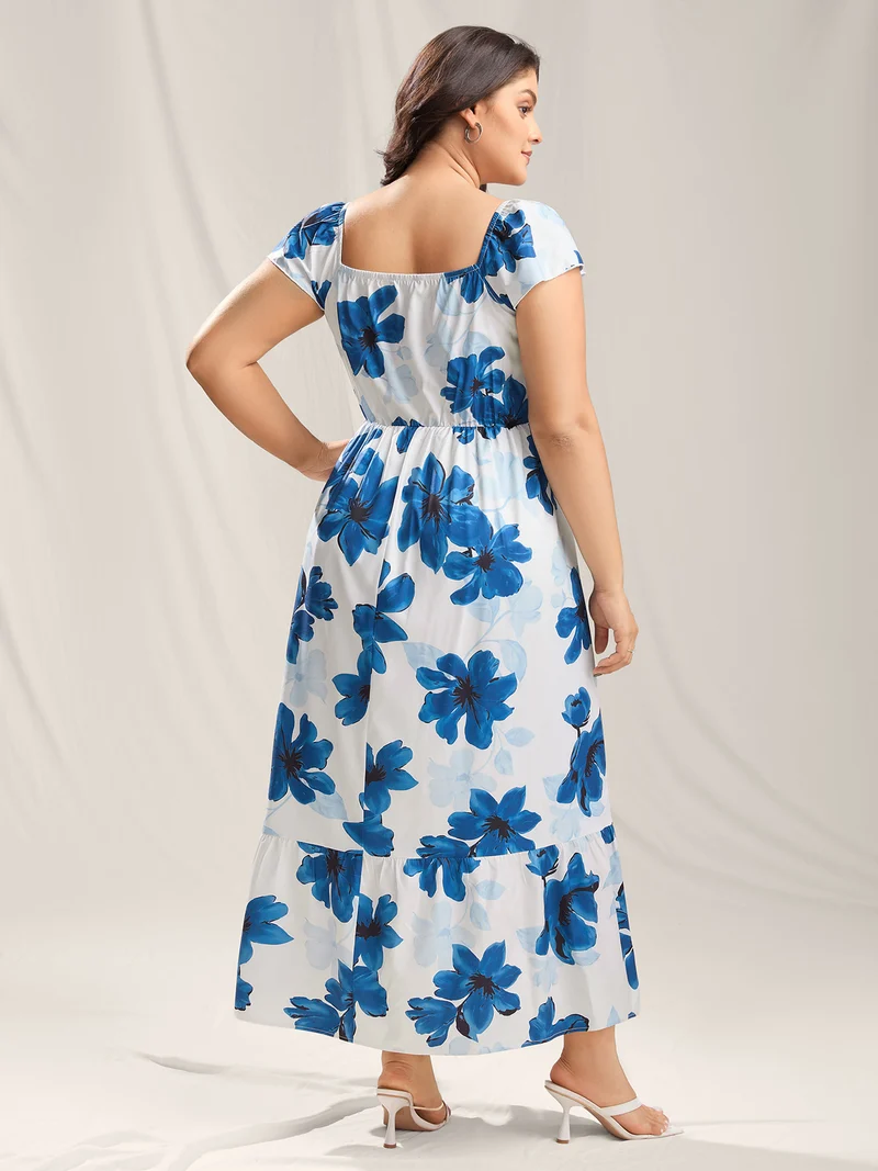 Floral Pattern Shirred Pockets Midi Dress