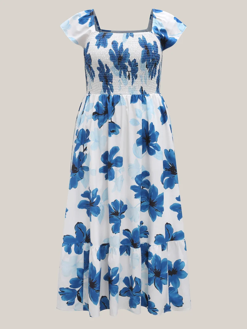 Floral Pattern Shirred Pockets Midi Dress