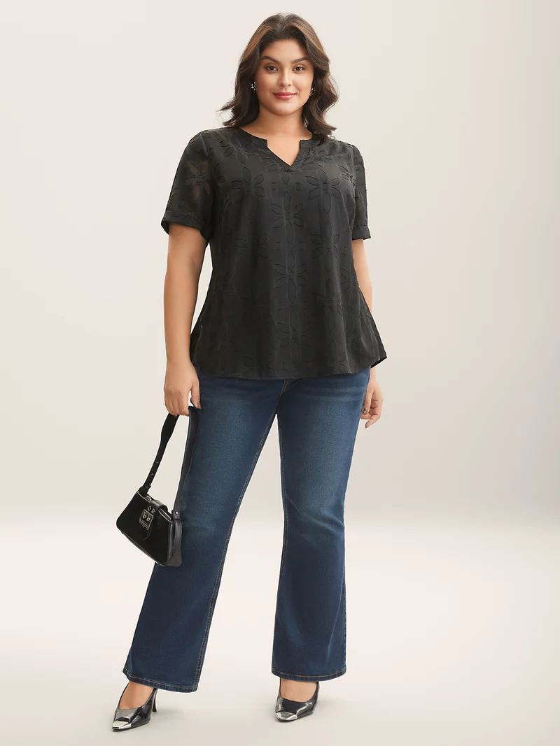 Floral Cut Print Notched Neck Blouse