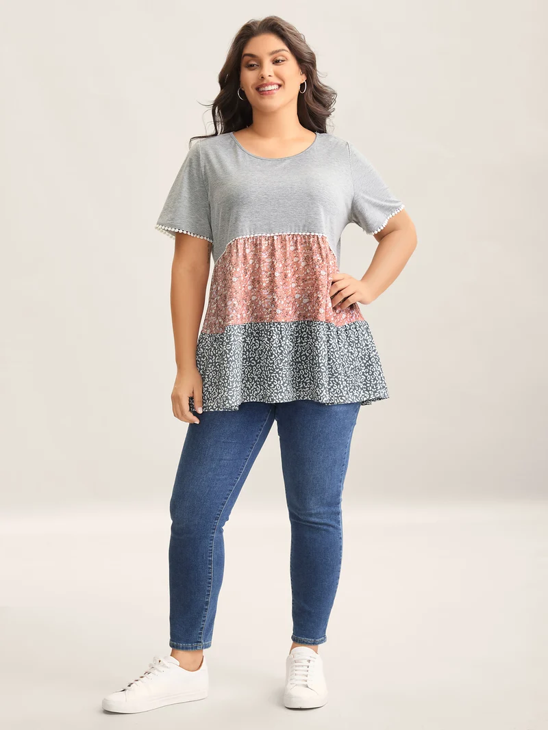 Ditsy Floral Print Patchwork Layered T-Shirt