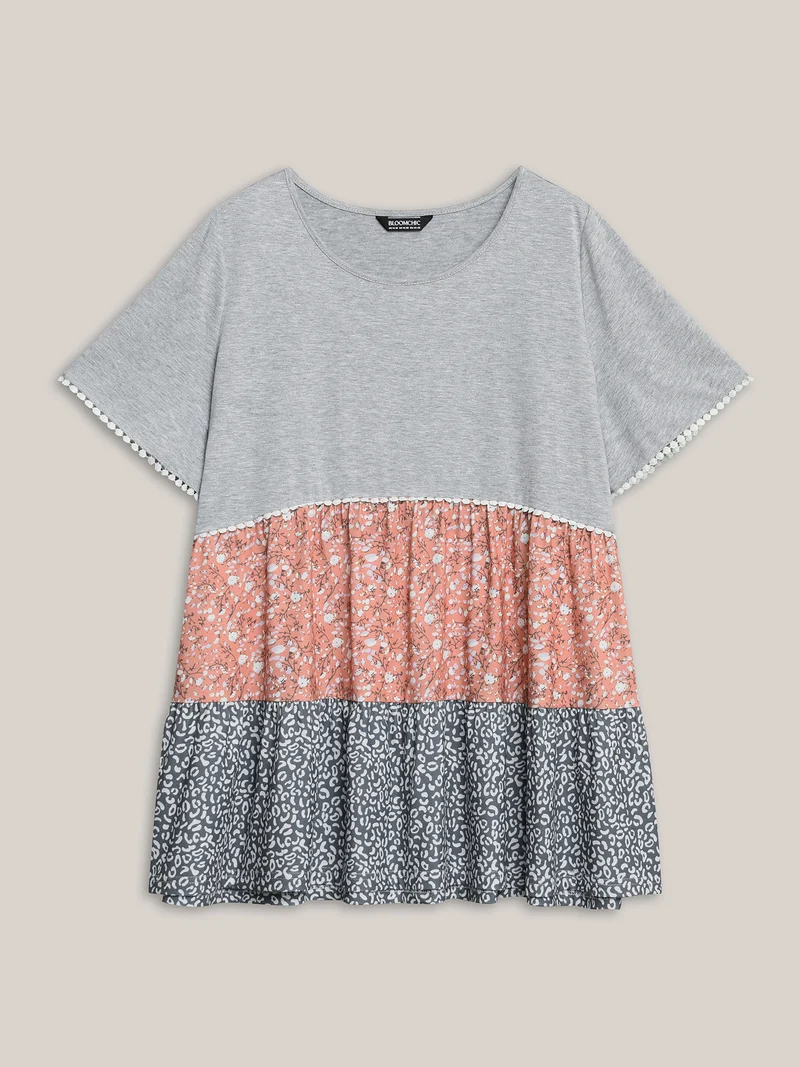Ditsy Floral Print Patchwork Layered T-Shirt