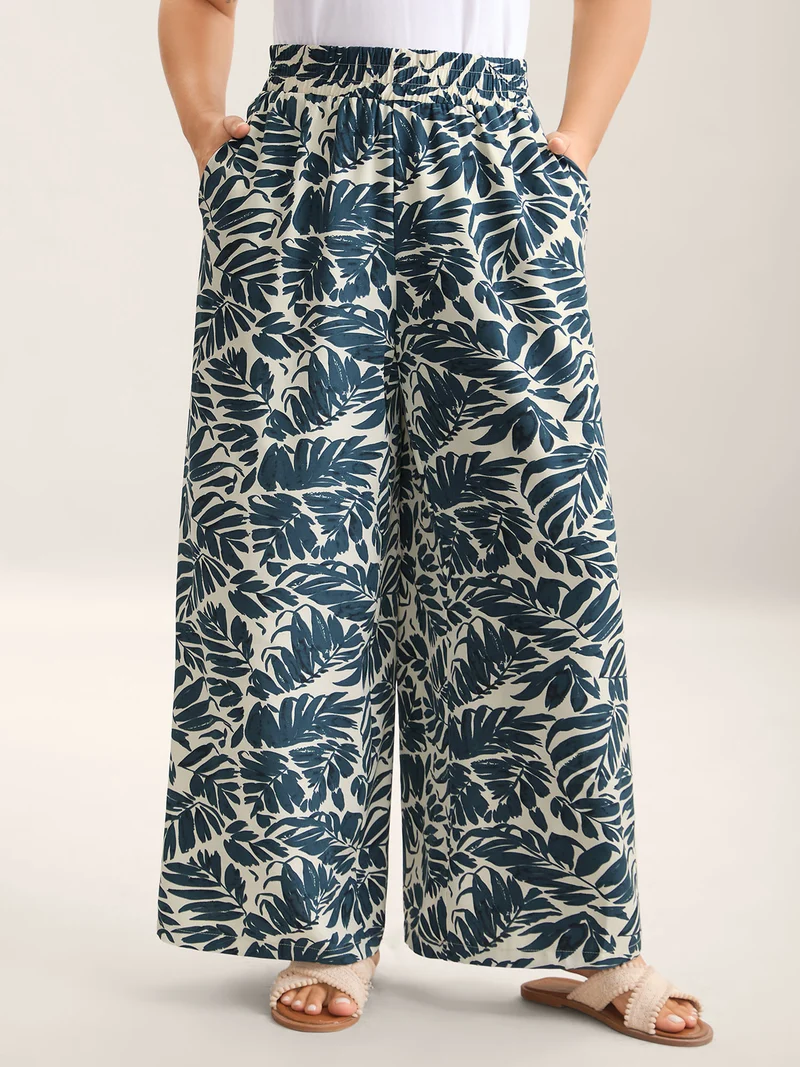 Tropical Leaf Print Wide-Leg Pants