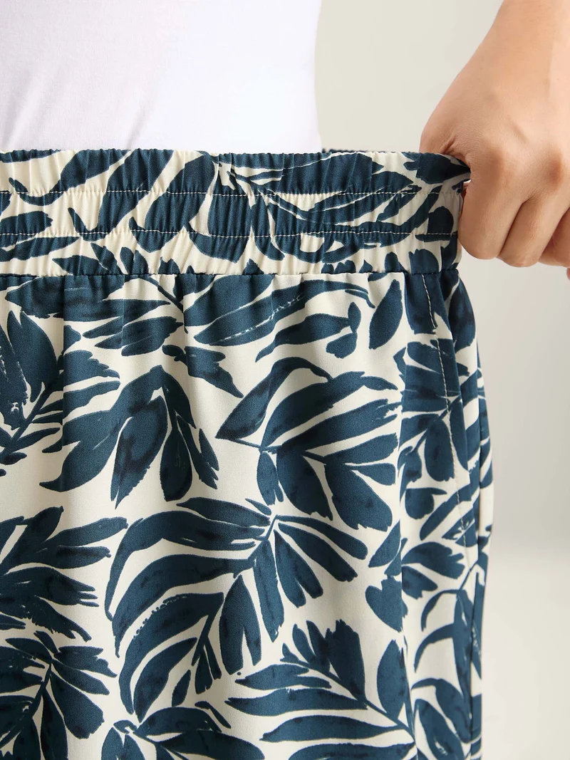 Tropical Leaf Print Wide-Leg Pants
