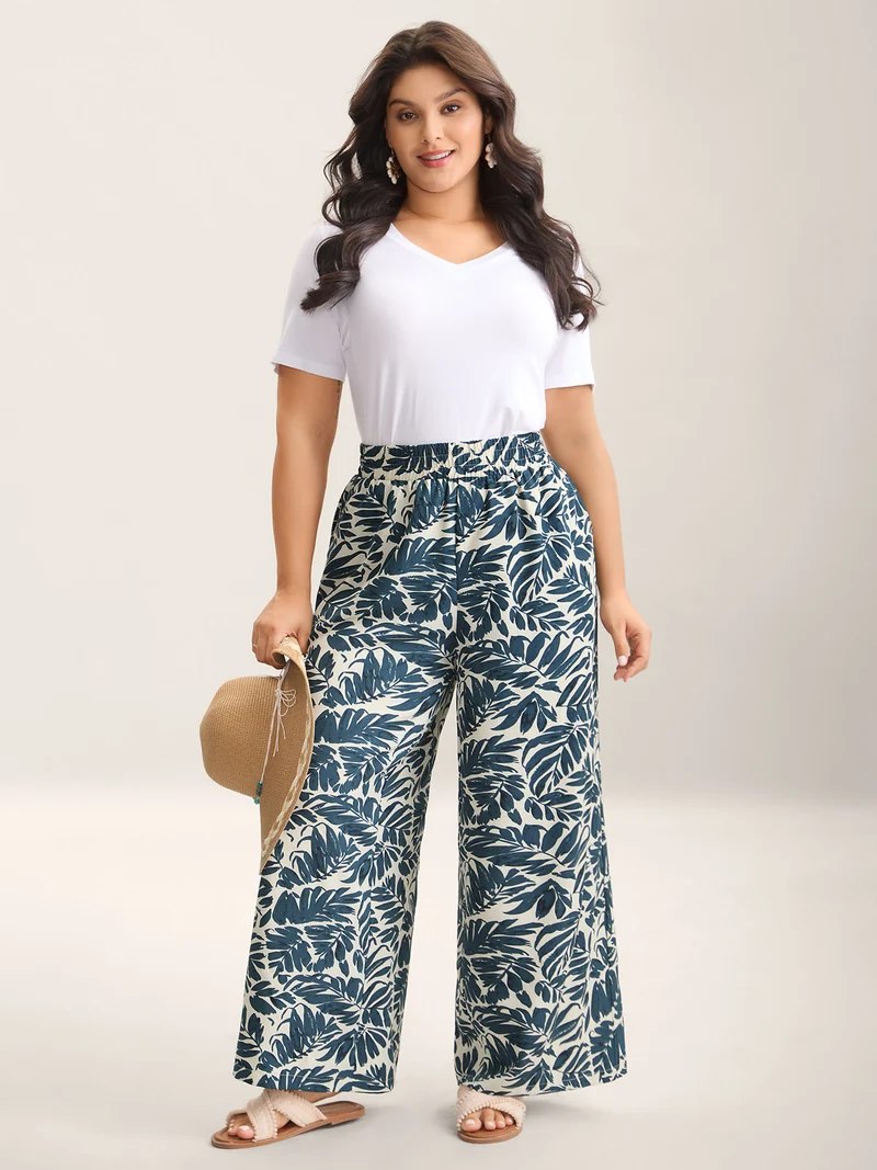 Tropical Leaf Print Wide-Leg Pants