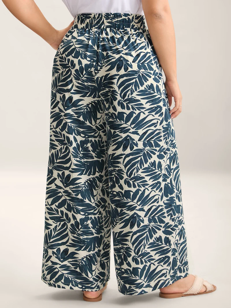 Tropical Leaf Print Wide-Leg Pants