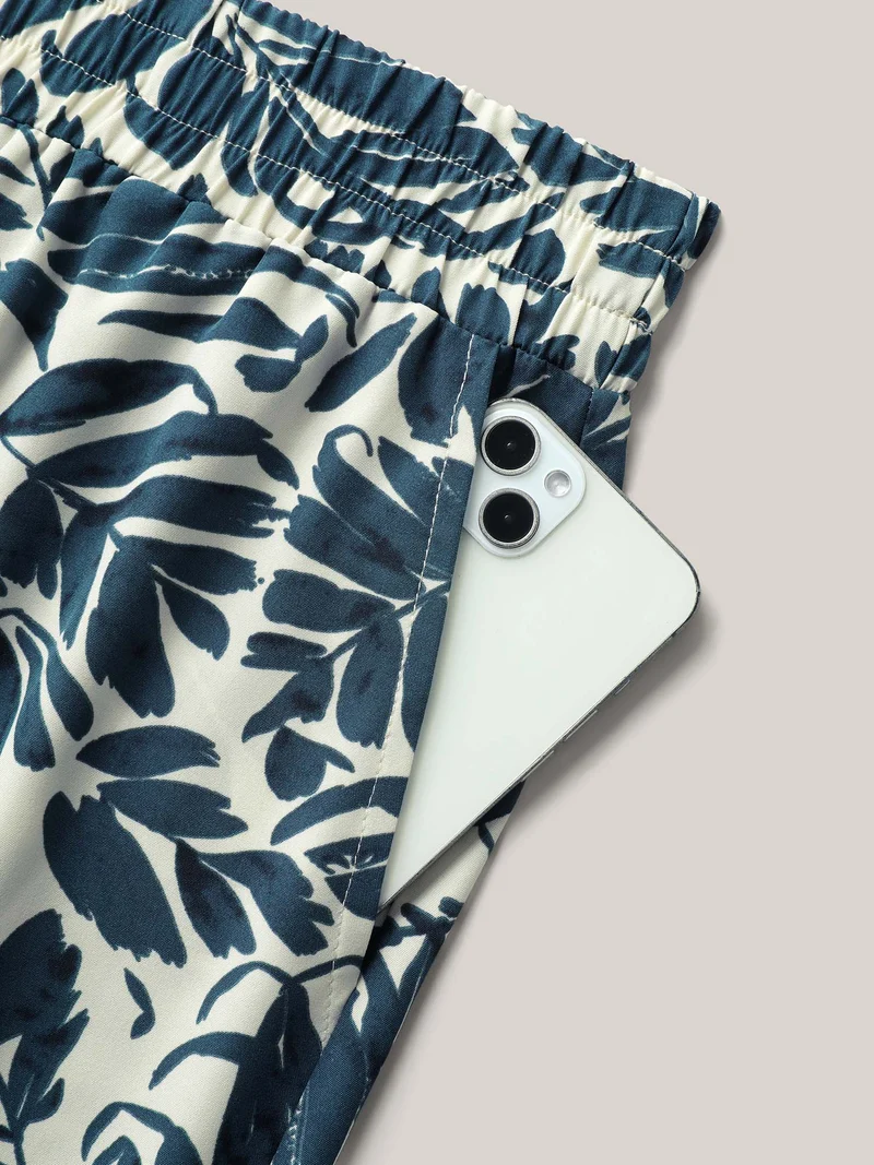 Tropical Leaf Print Wide-Leg Pants