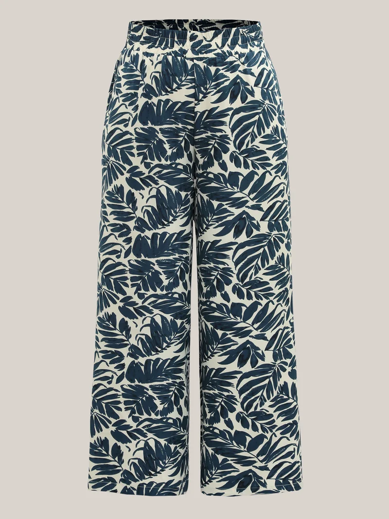 Tropical Leaf Print Wide-Leg Pants