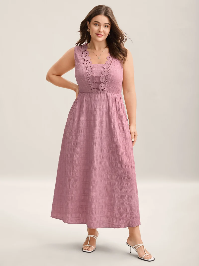 Floral Crochet Neck Pockets Midi Dress