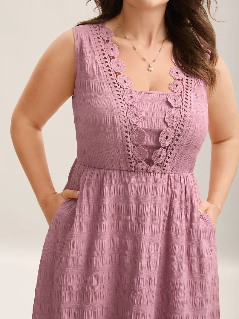 Floral Crochet Neck Pockets Midi Dress