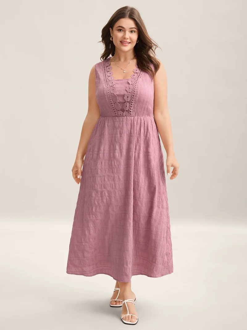 Floral Crochet Neck Pockets Midi Dress