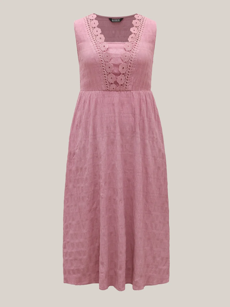 Floral Crochet Neck Pockets Midi Dress