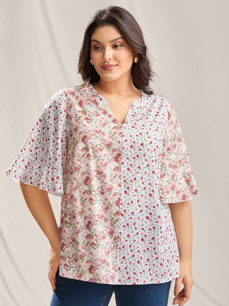 Floral Contrast Print Button Detail Blouse