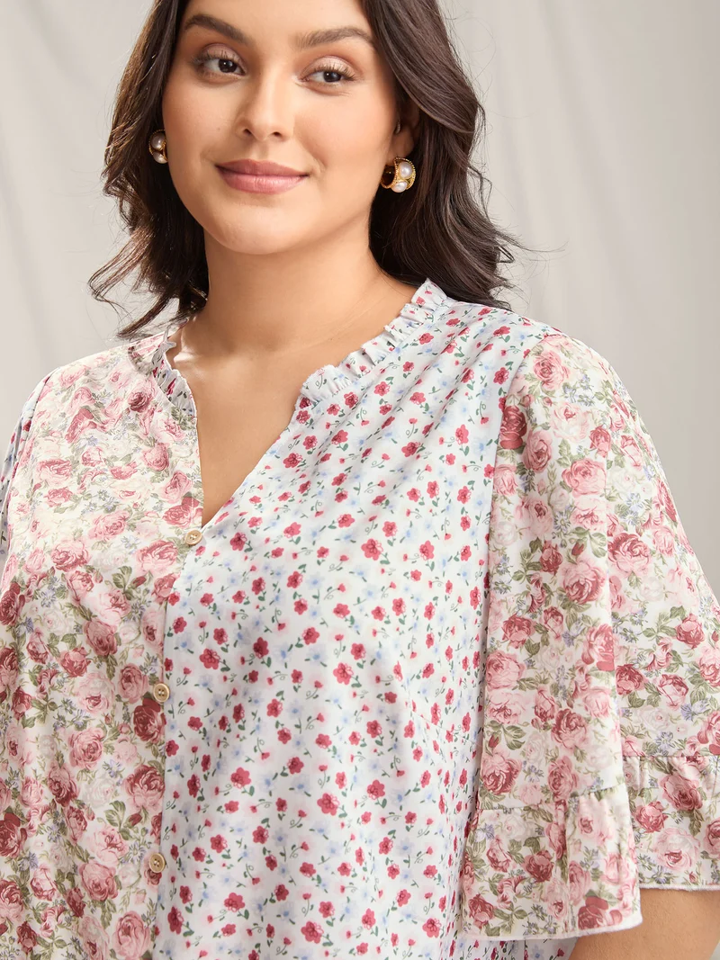 Floral Contrast Print Button Detail Blouse