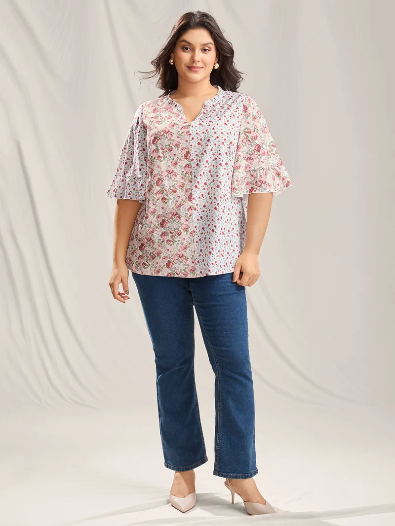 Floral Contrast Print Button Detail Blouse