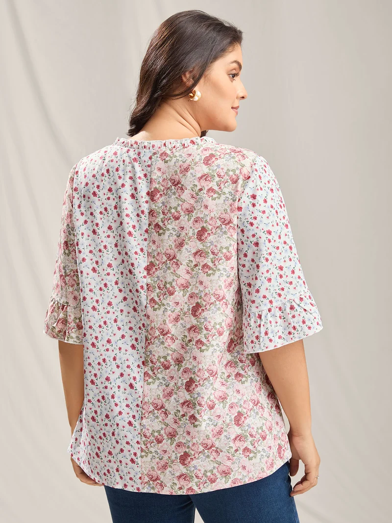 Floral Contrast Print Button Detail Blouse